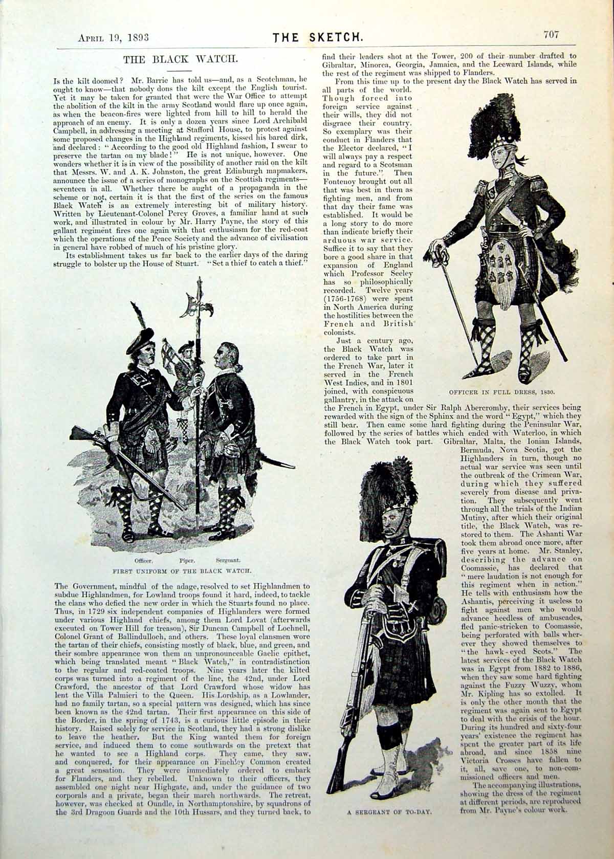 Antique Old Print Black Watch Uniforms Officer Sergeant Captain Boynton 1893