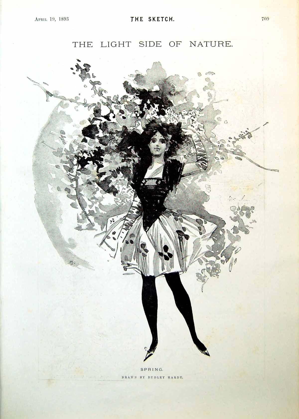 Antique Old Print Spring Lady Floral Dudley Hardy Catching A Giraffe 1893 19th
