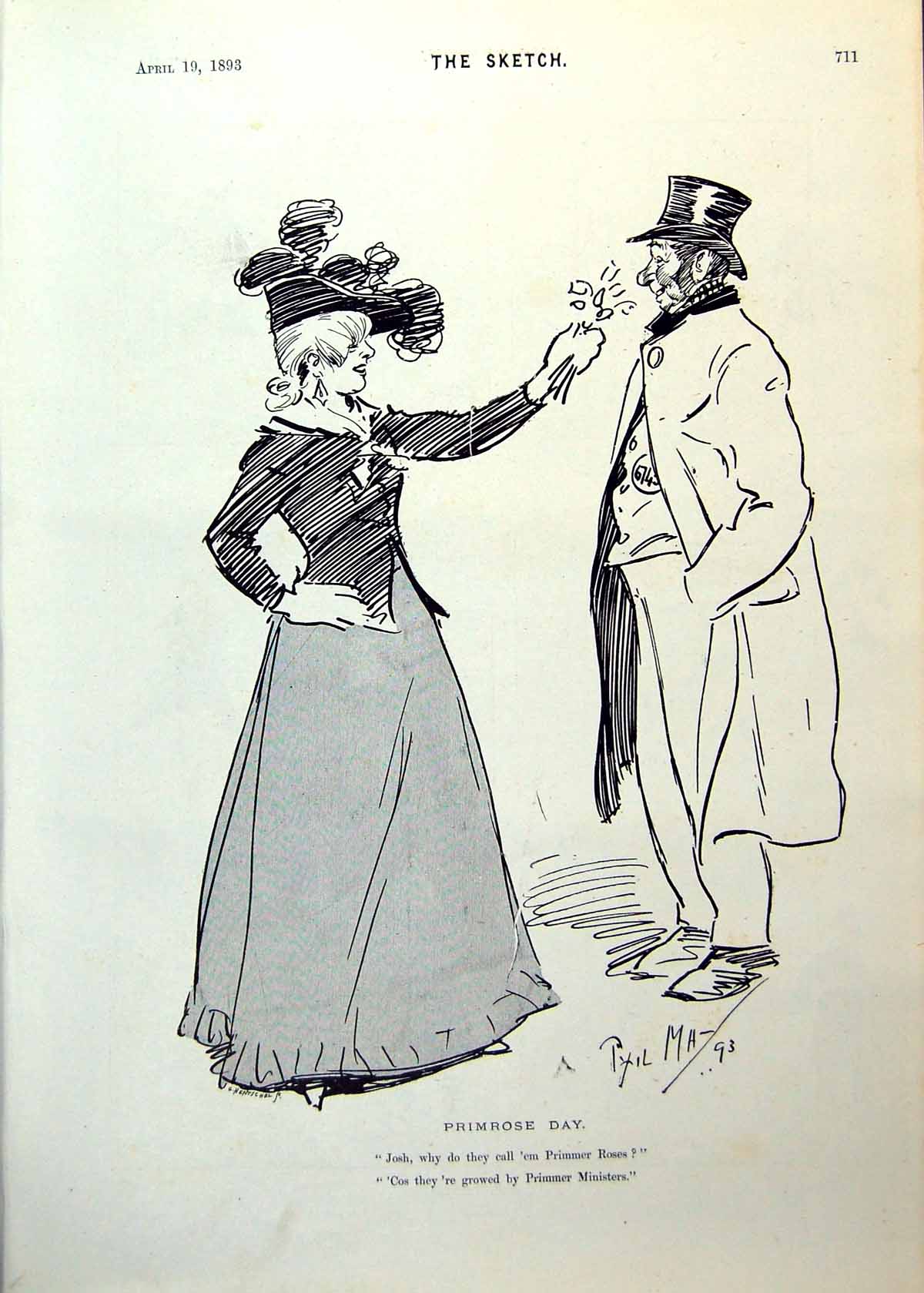 Antique Print Primrose Day Lady Hing Flowers Gent Poacher Policeman 1893 19th