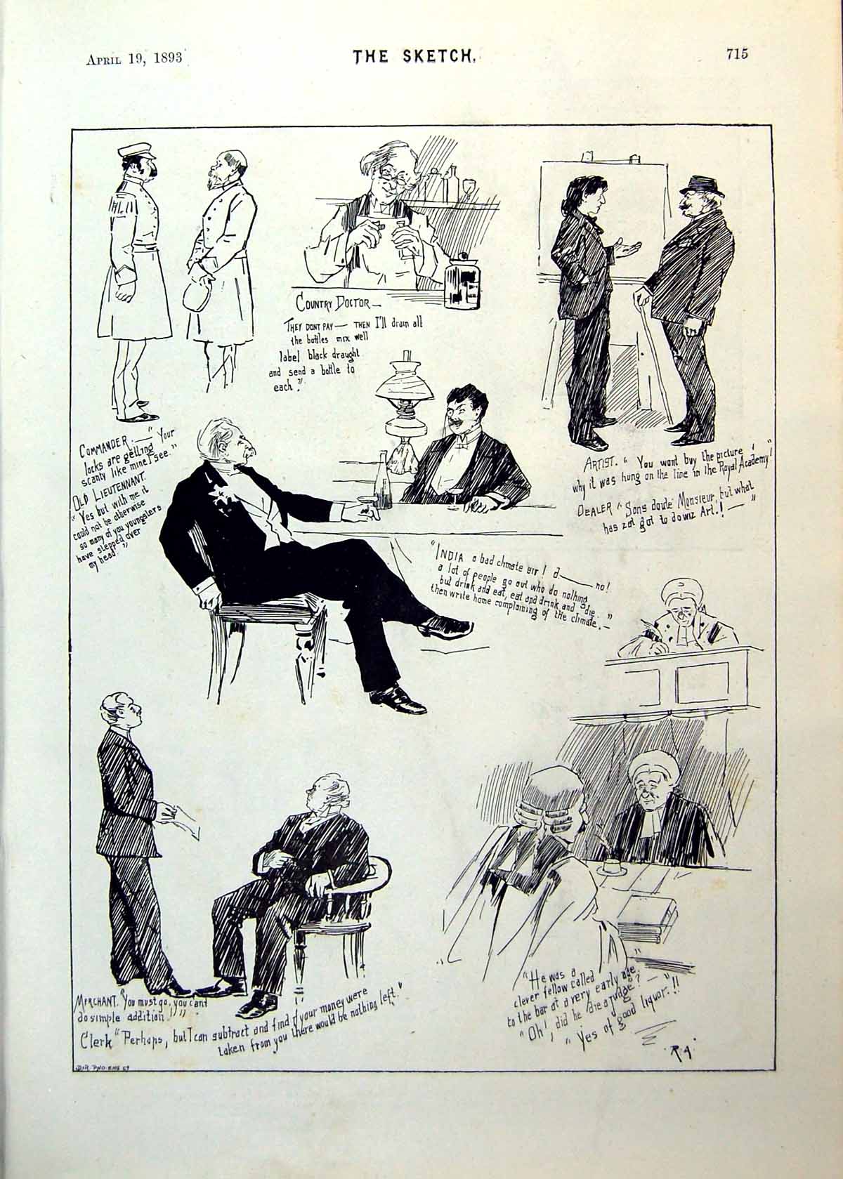 Antique Old Print Sketch Characters Country Doctor Commander Governess 1893