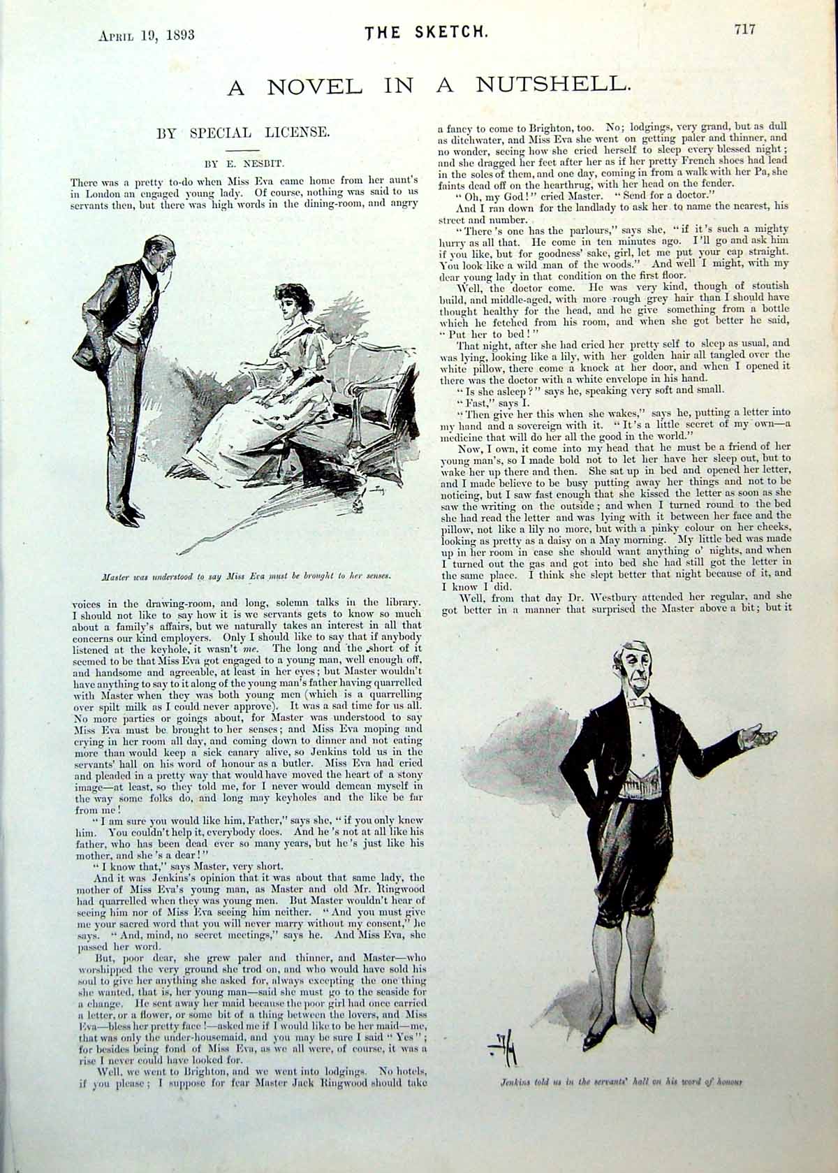 Old Print Novel Illustrations Master Lady Seated Butler Bride Groom 1893 19th