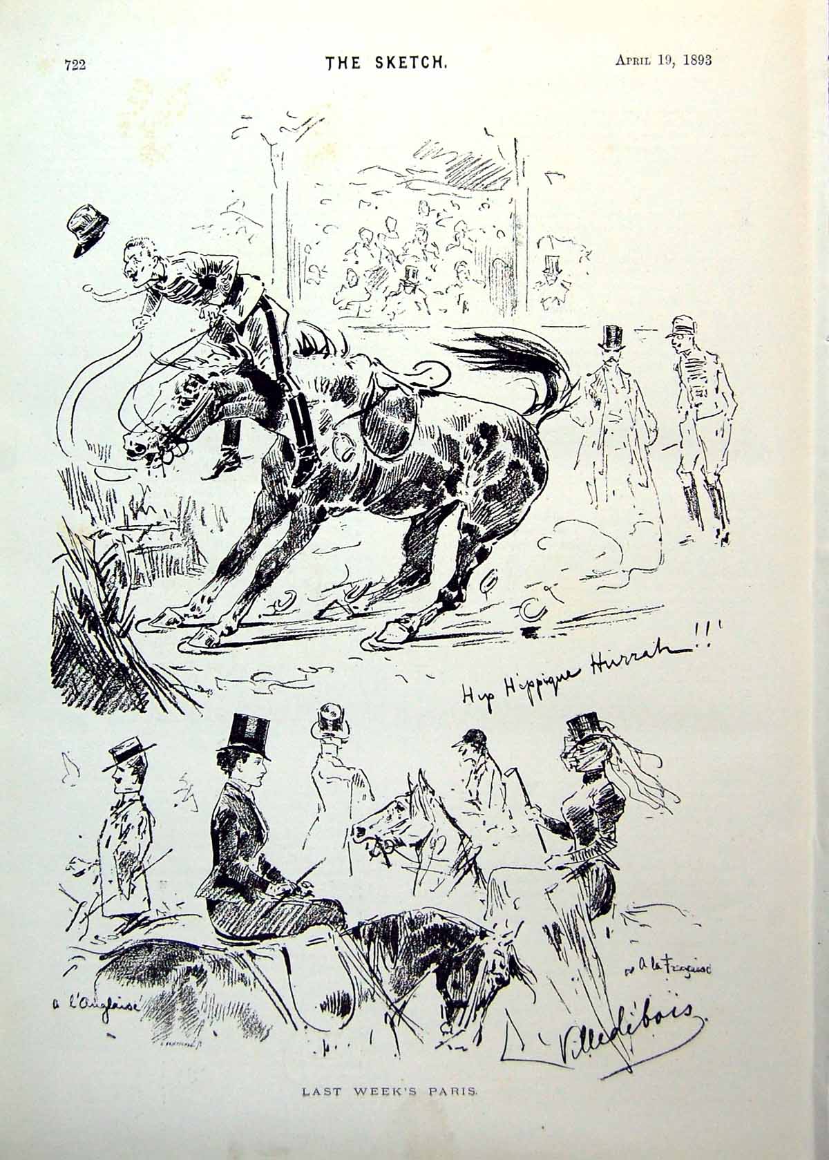 Antique Old Print Last Week'S Paris Man Thrown Horse Ladies Gents Riding 1893