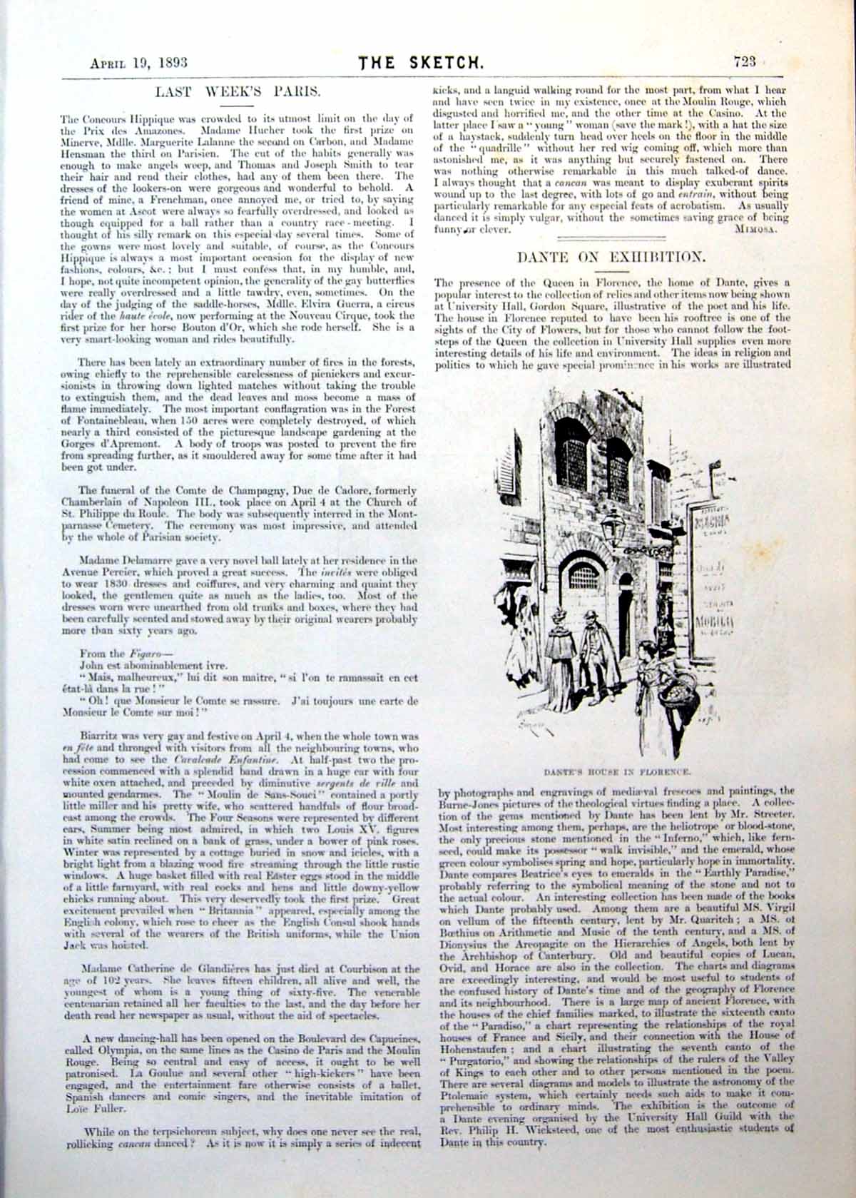 Old Antique Print Dante'S House Florence Perspective View Whitehall 1893 19th