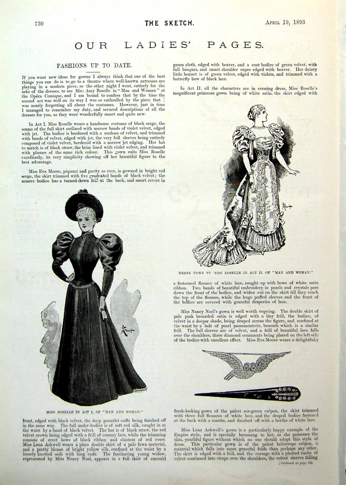Antique Old Print Ladies Page Miss Roselle Man And Woman Dress Act Ii 1893 19th