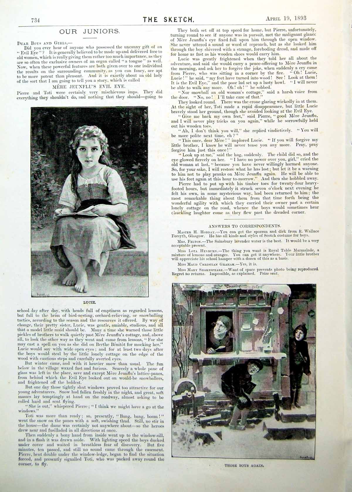 Antique Old Print Junior Page Lucie Girl Seated Step Boys Playing Snow 1893