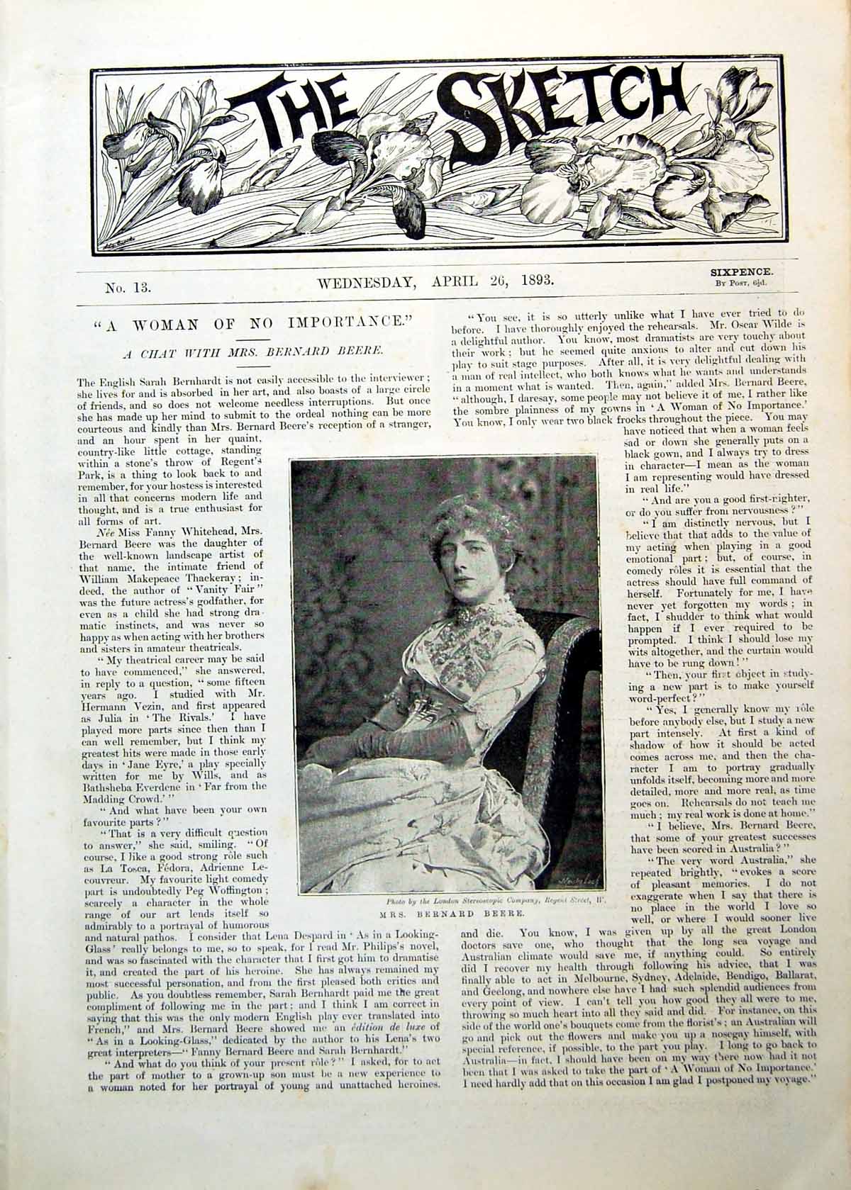 Antique Old Print Mrs Bernard Beere Portrait Dowager Duchess Sutherland 1893