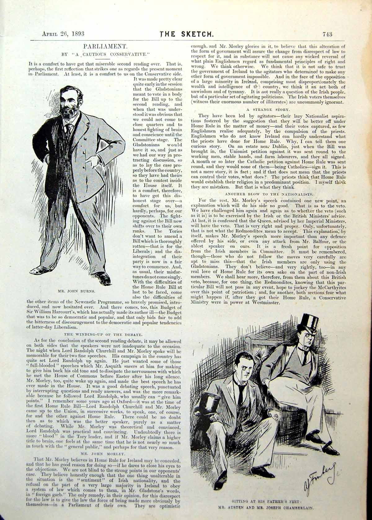 Antique Old Print Parliament John Burns Austen Joseph Chamberlain Play 1893