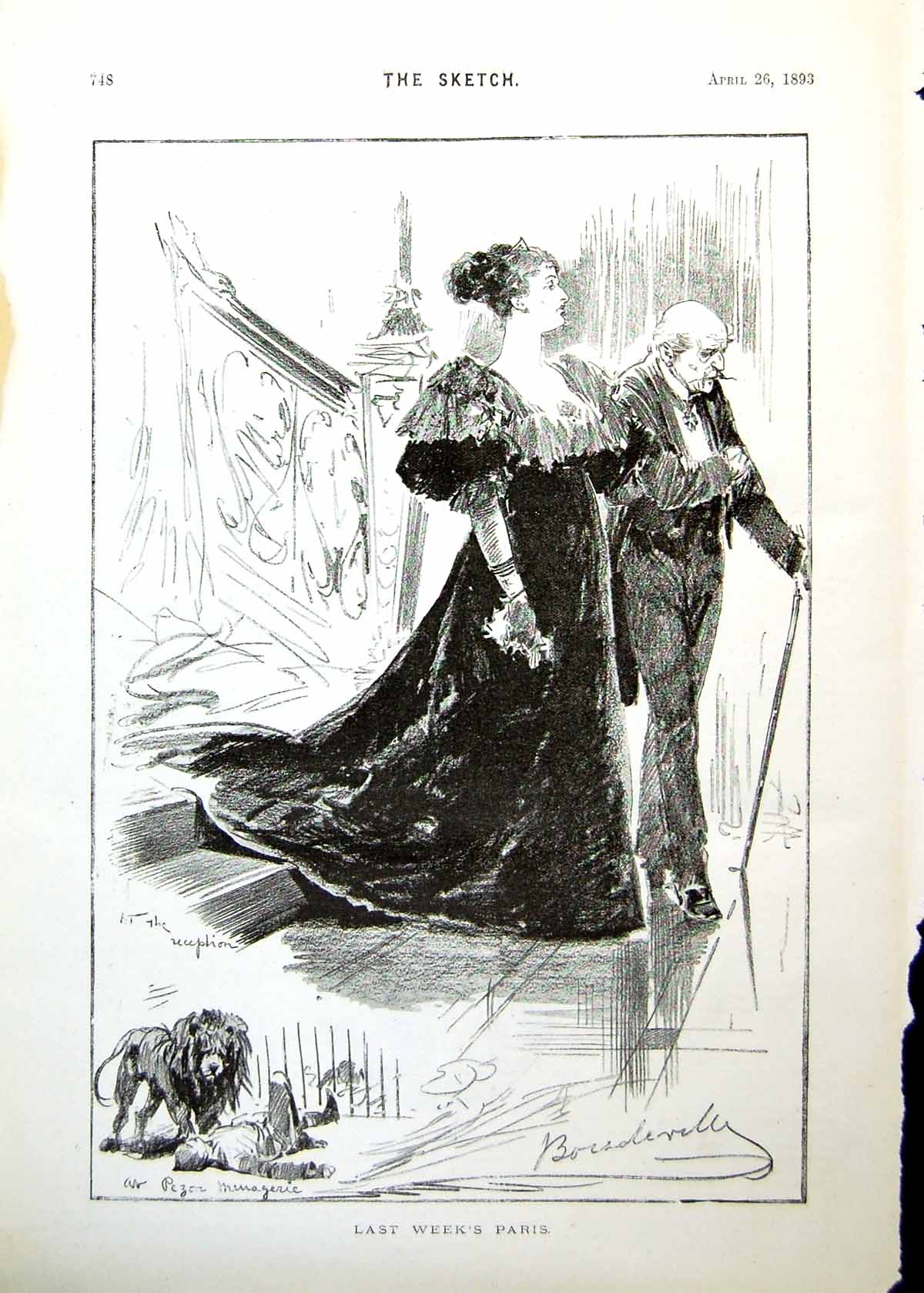 Antique Old Print Paris Lady Hing Arm Elderly Gent King Humbert Servia 1893