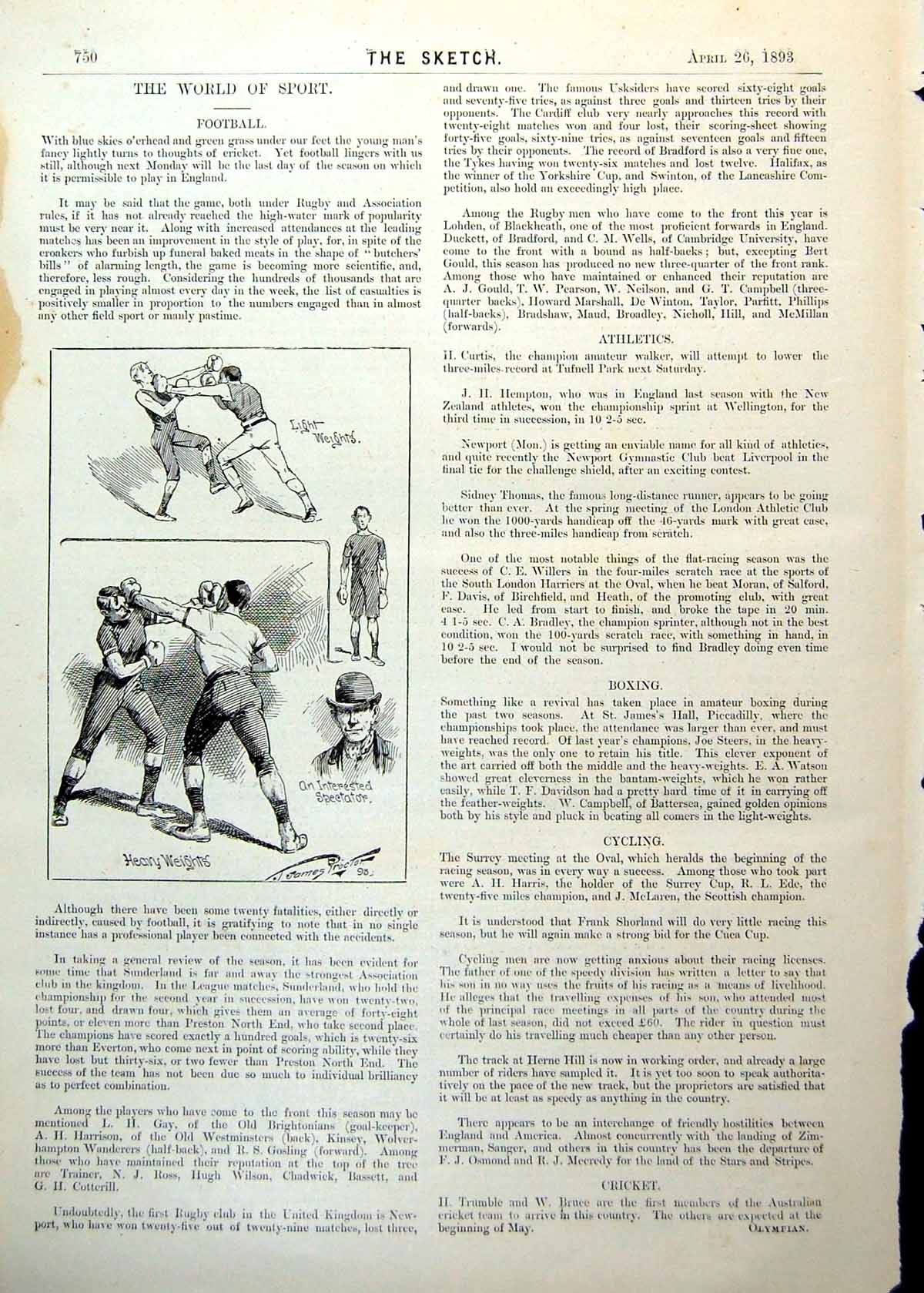 Antique Print Sketches Boxing Lightweights Heavyweights Interested Man 1893