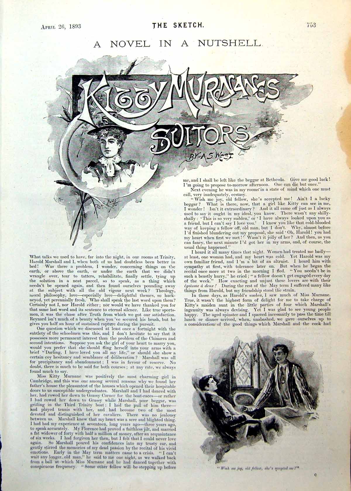 Old Print Kitty Murnanes Suitors Abridged Two Men Lady Fan Proposal 1893 19th