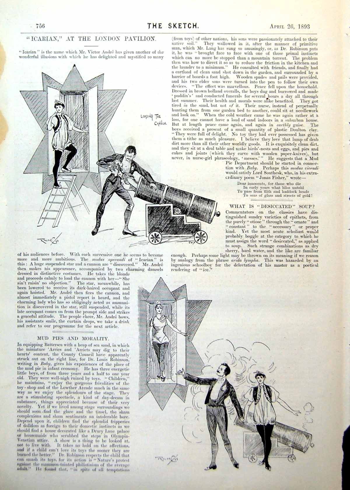 Antique Print Icarian London Pavilion Loading Cannon Lady Appears Box 1893 19th