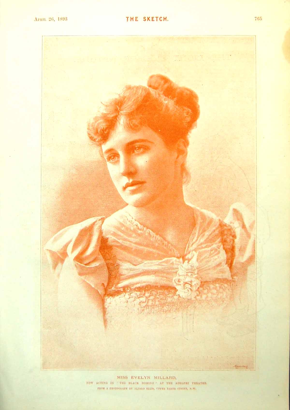 Antique Print Miss Evelyn Millard Black Domino Irish Farmers Talking 1893 19th
