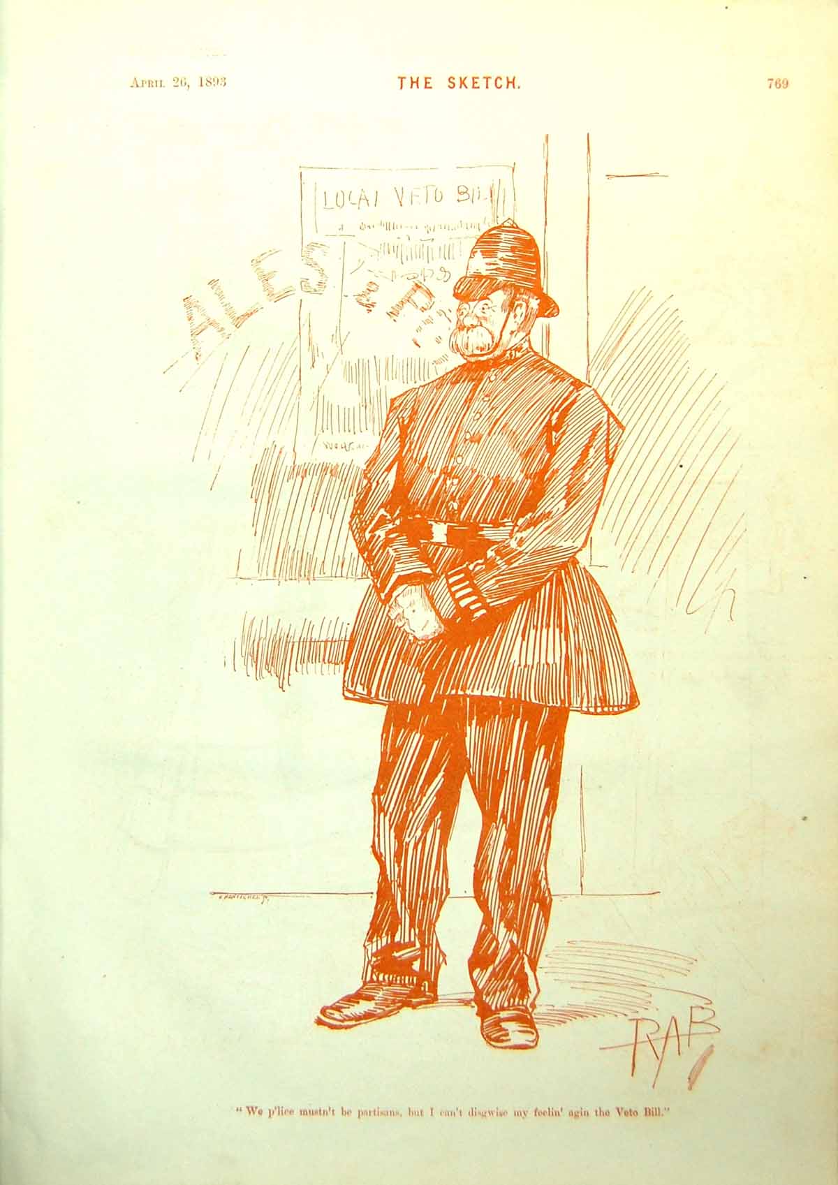 Antique Old Print Policeman Poster Local Veto Bill Madame Nouveau-Riche 1893