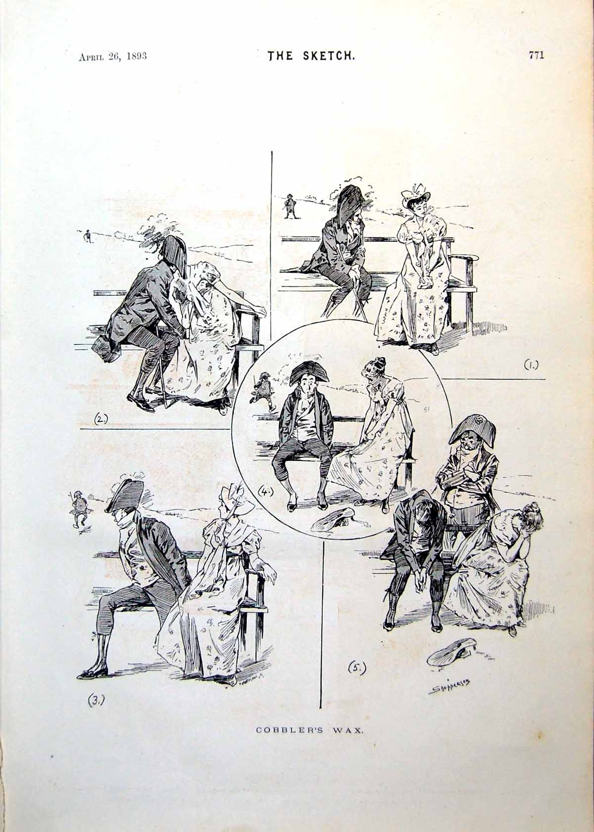 Antique Print Cobbler'S Wax Lady Gent Seated Kissing His First Speech 1893