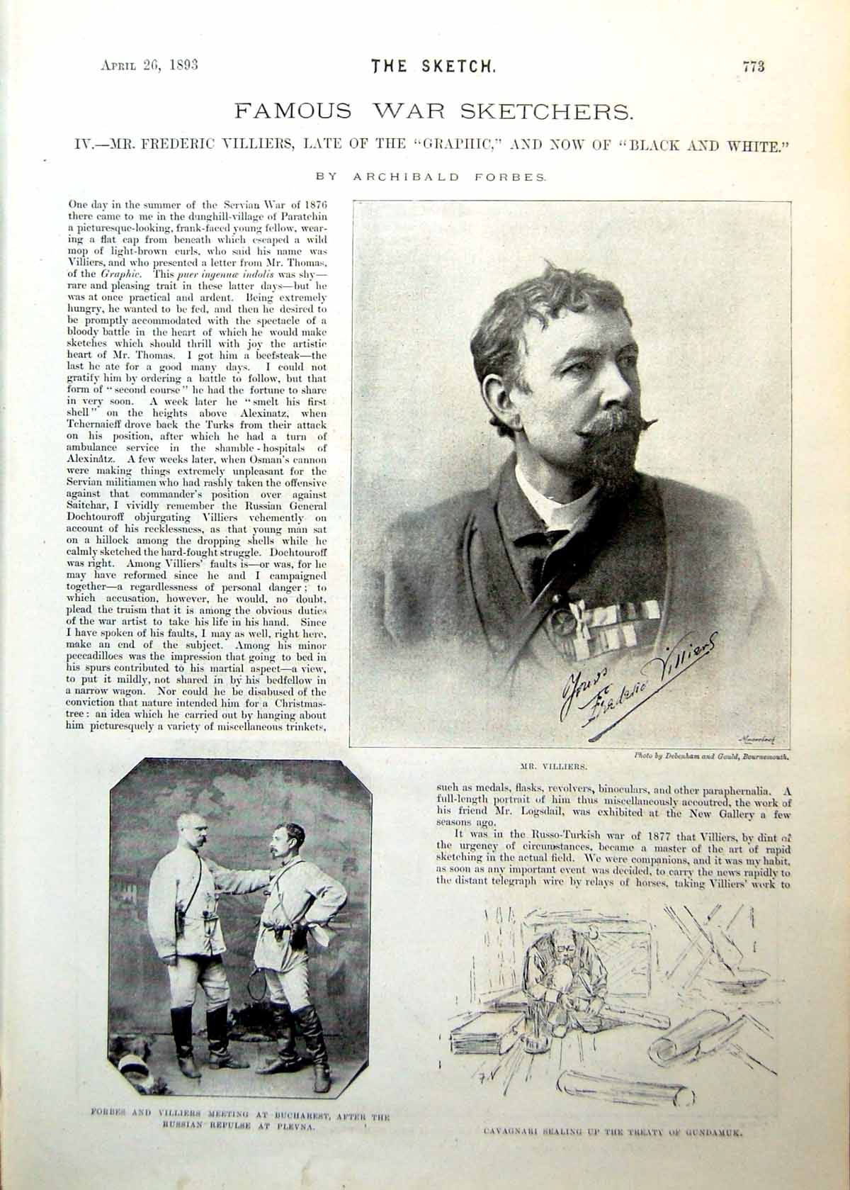 Old Print Famous War Sketchers F Villiers Portrait Condor Marabout 1893 19th