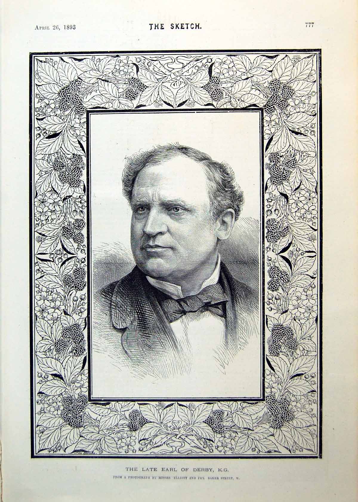 Antique Print Late Earl Derby Kg Engraving From Photograph Leaf Border 1893