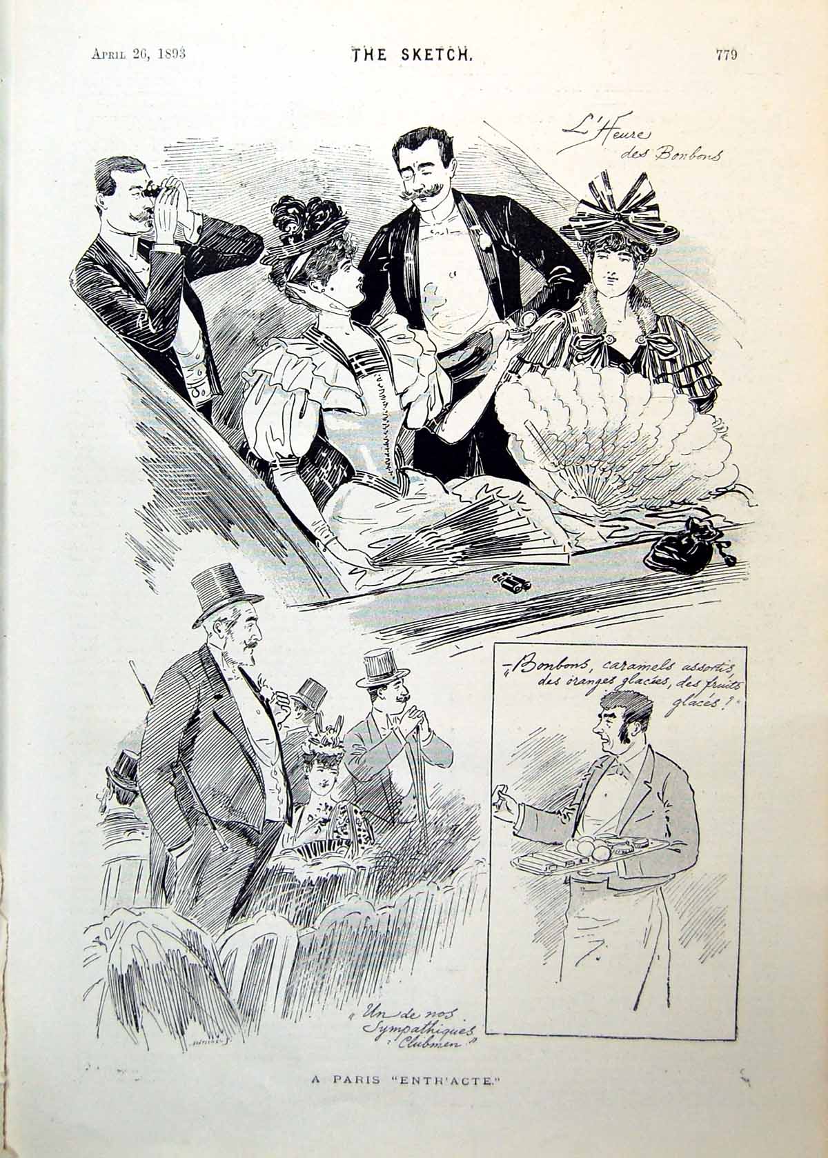 Old Print Paris Entr'Acte Ladies Fans Bonbons Stretching Legs Seller 1893 19th