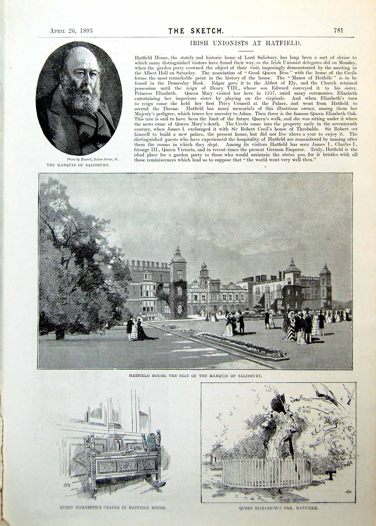 Antique Print Hatfield House Cradle Queen'S Oak Junior Page Dog Bird 1893 19th