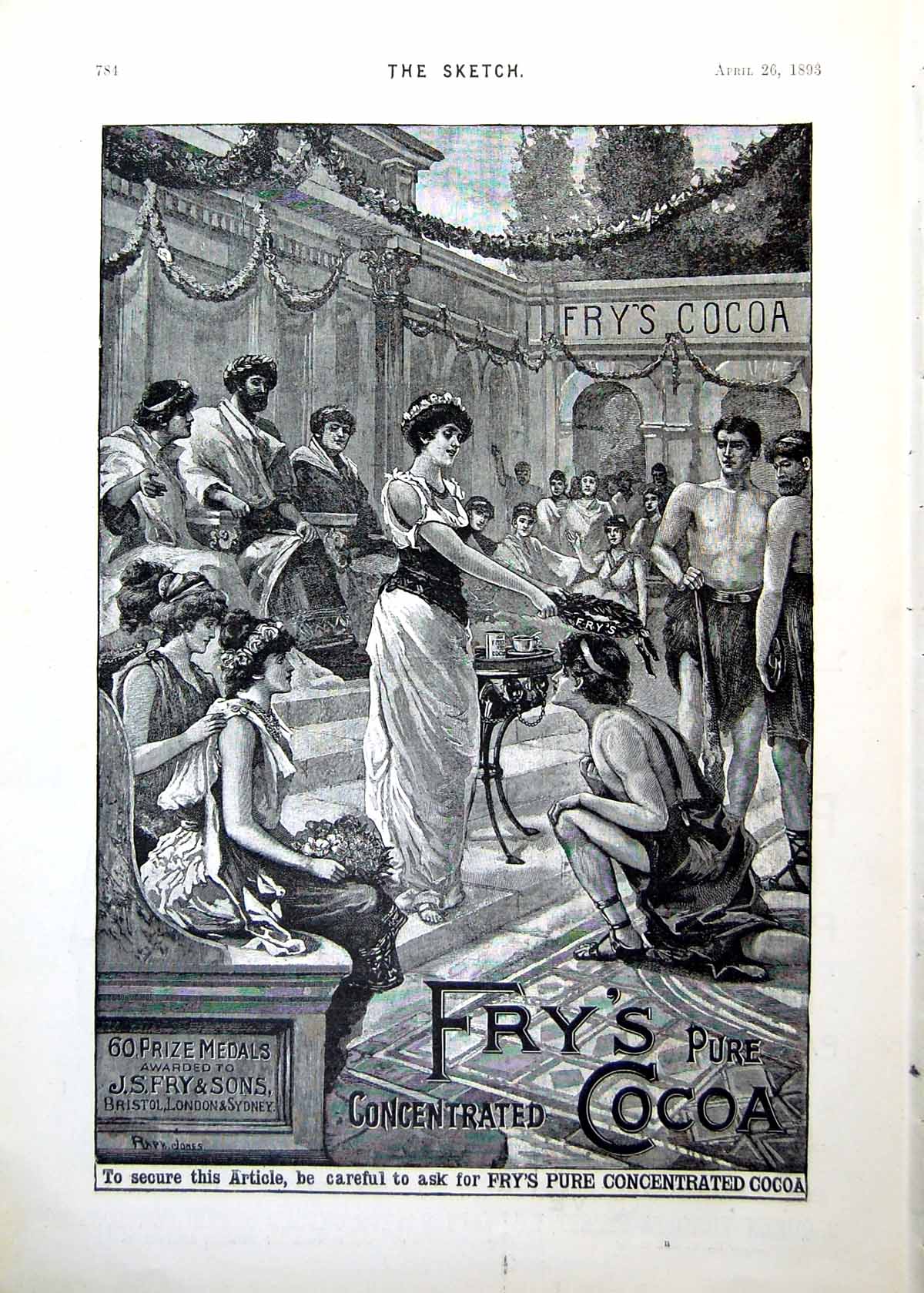 Old Antique Print Fry'S Pure Concentrated Cocoa Advert Wreath Head 1893 19th