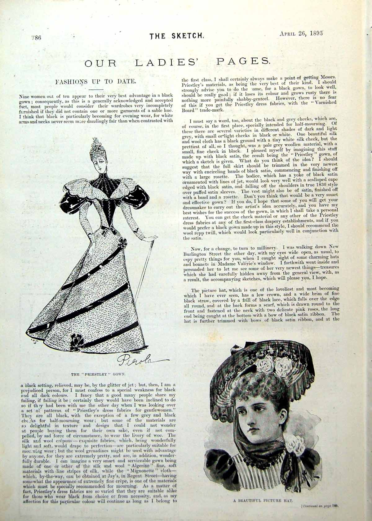 Old Antique Print Ladies Page Priestley Gown Beautiful Picture Hat 1893 19th