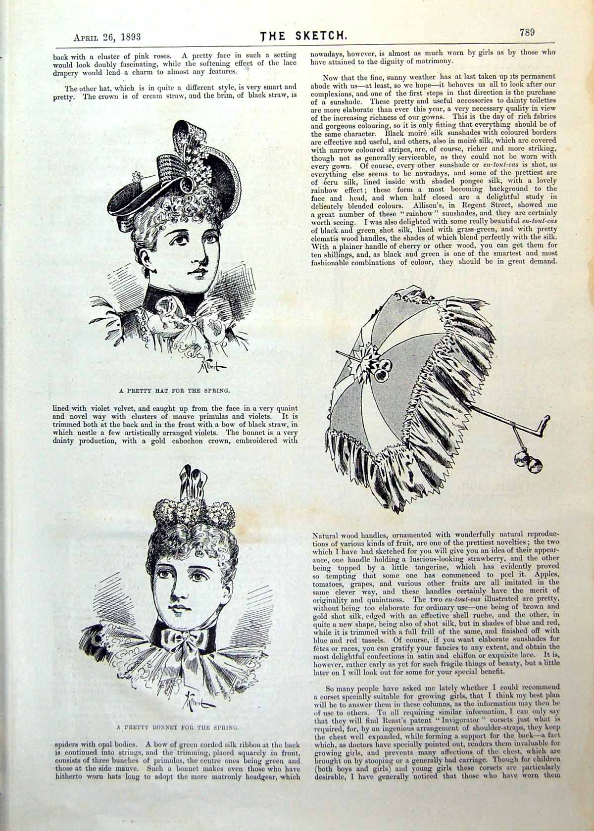 Original Old Antique Print Pretty Hat Bonnet Parasol Fed Unbrella Handles 1893