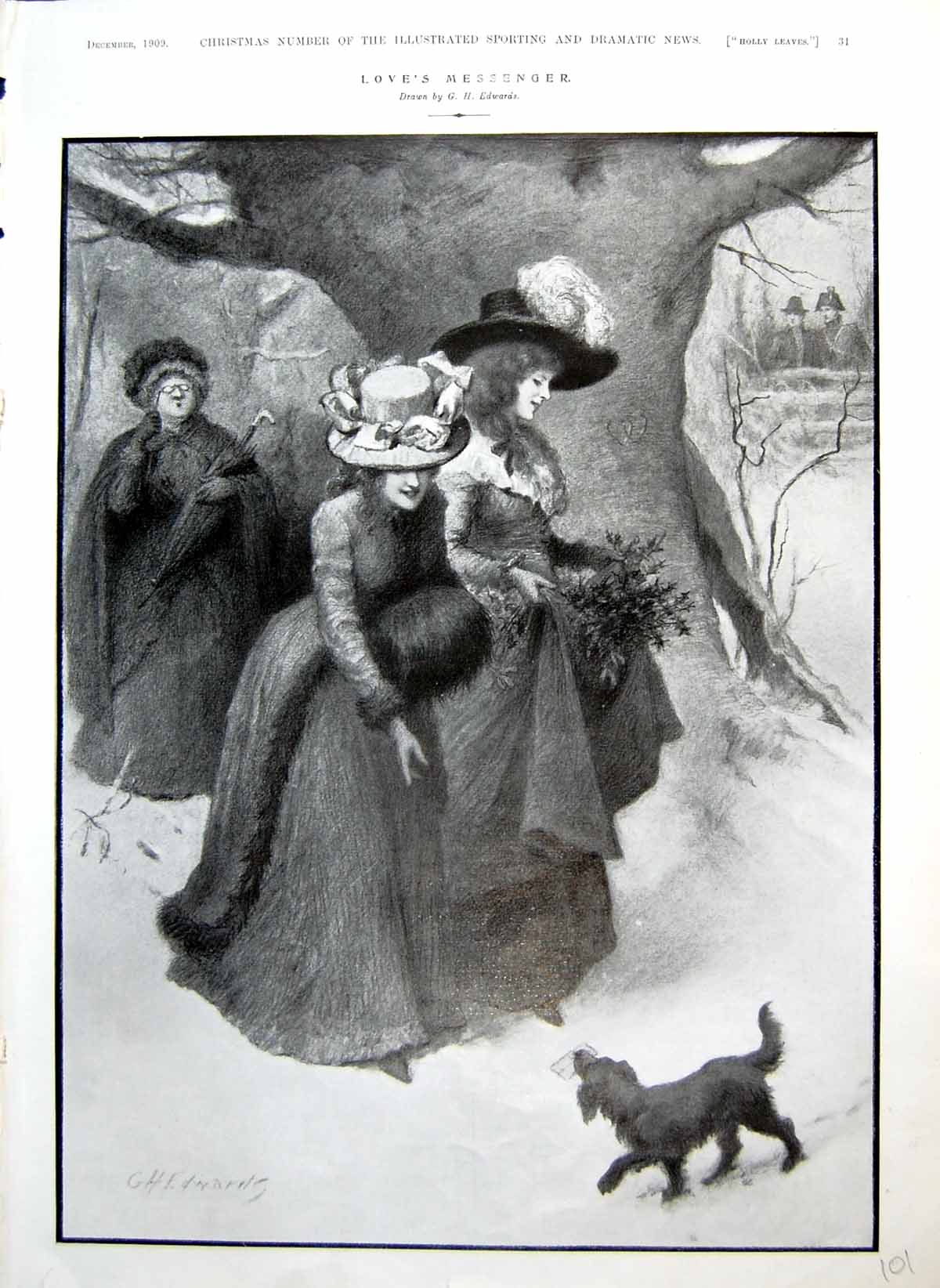 Old Print Love'S Messenger Ladies Muff Mistletoe Dog Paris & Helen 1909 20th