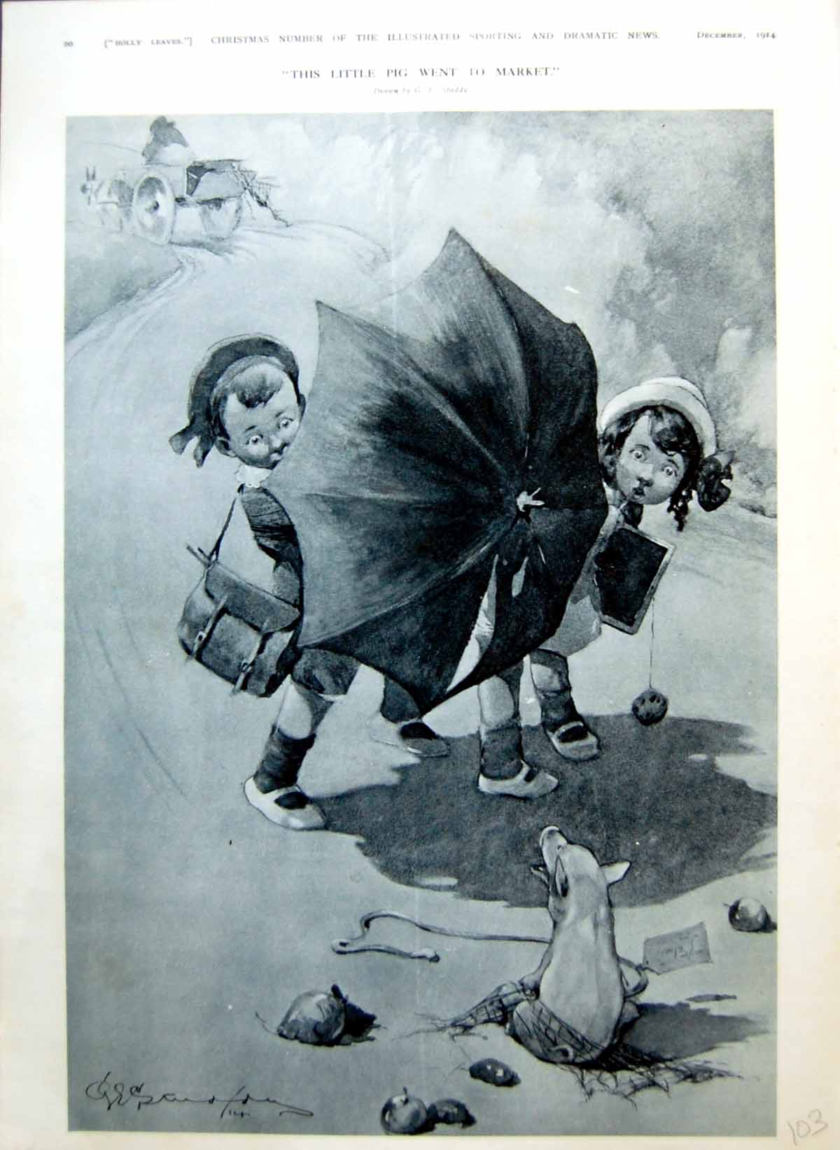 Old Print Little Pig Market Two Children Man Double Dogs Policemen 1914 20th