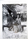 Antique Print Lady Gent Mistletoe Snow Boys Mischief Malcontents Ship 1914