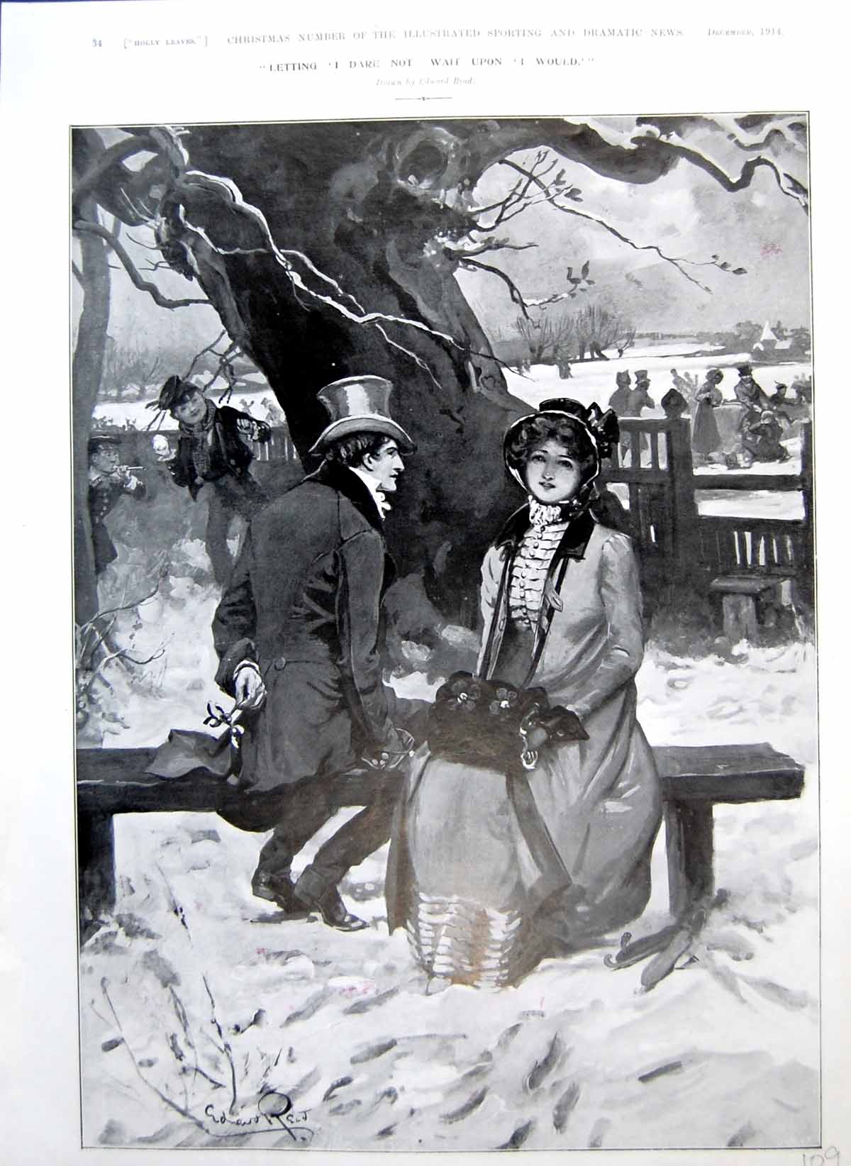 Antique Print Lady Gent Mistletoe Snow Boys Mischief Malcontents Ship 1914