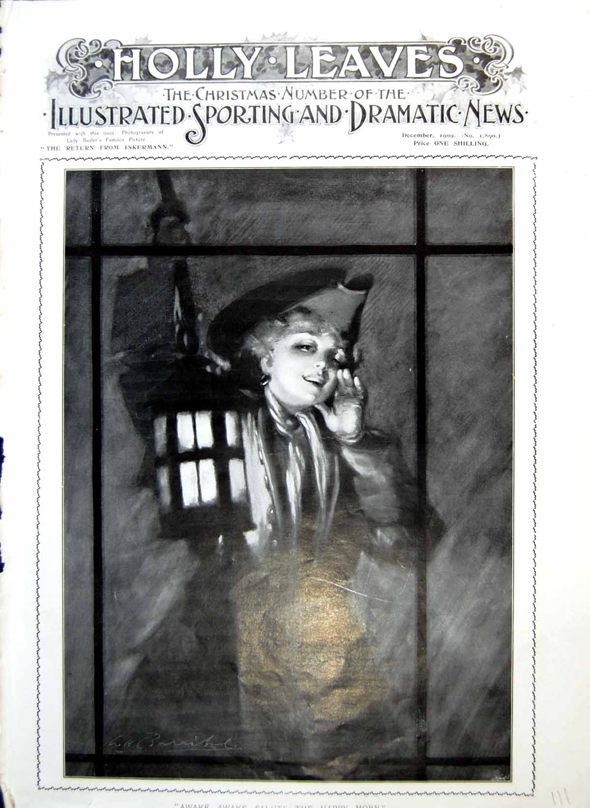 Old Antique Print Awake Salute Happy Morn Lady Crier Lantern Window 1909 20th