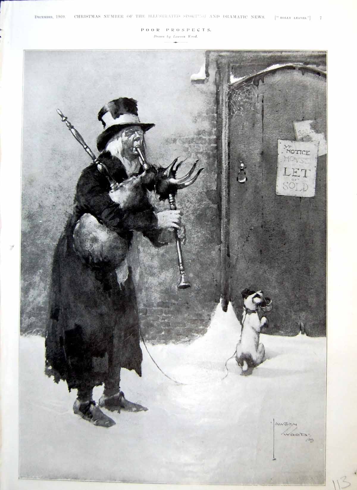 Antique Print Lawson Wood Poor Prospects Man Dog Pipe Play House Sale 1909 20th