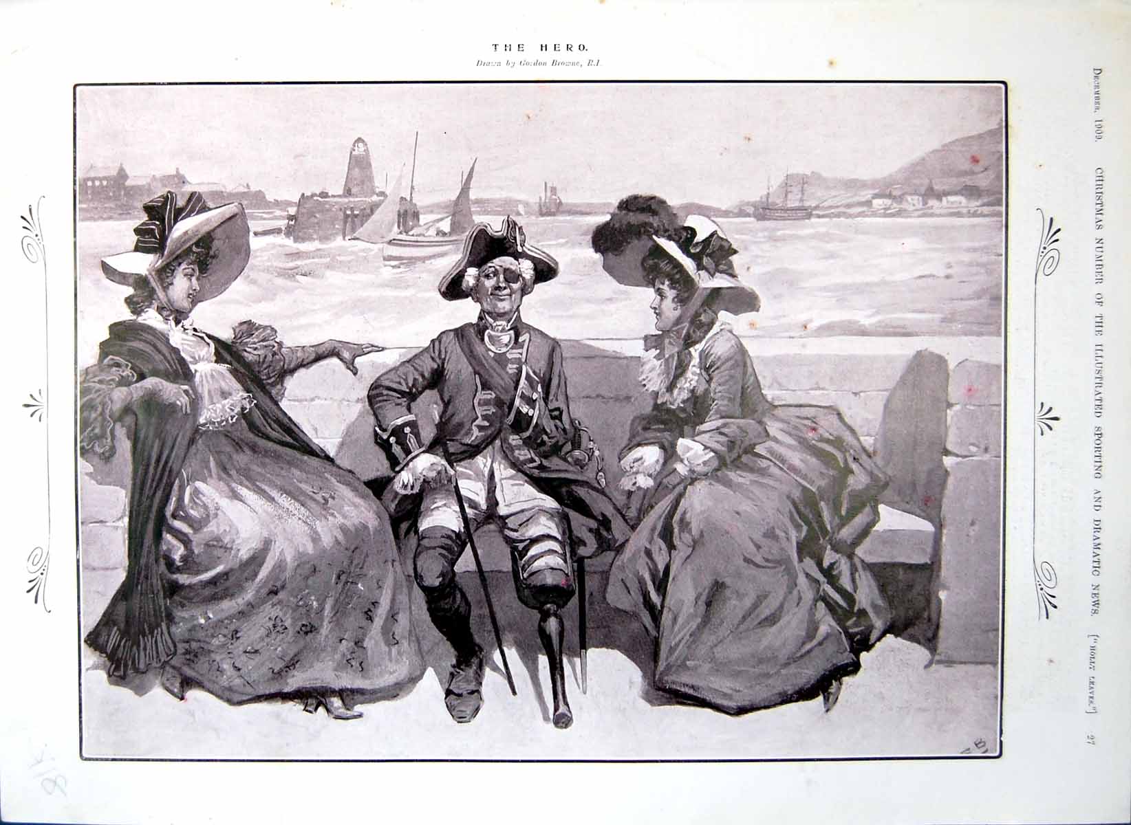 Antique Old Print Hero Sailor One-Legged Eye-Patch Two Ladies Swooning 1909