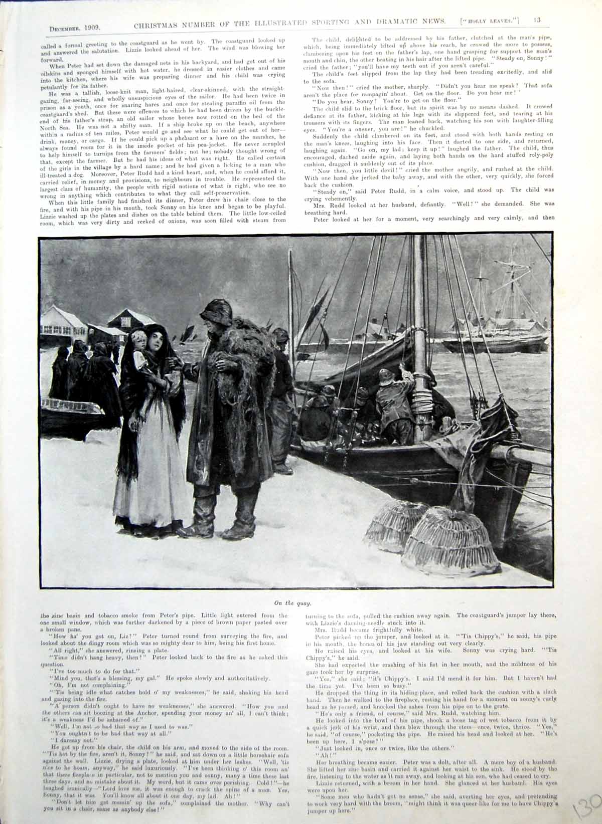 Old Print Lady Child Fishermen Quay Boat Home Scene Man Wife Child 1909 20th