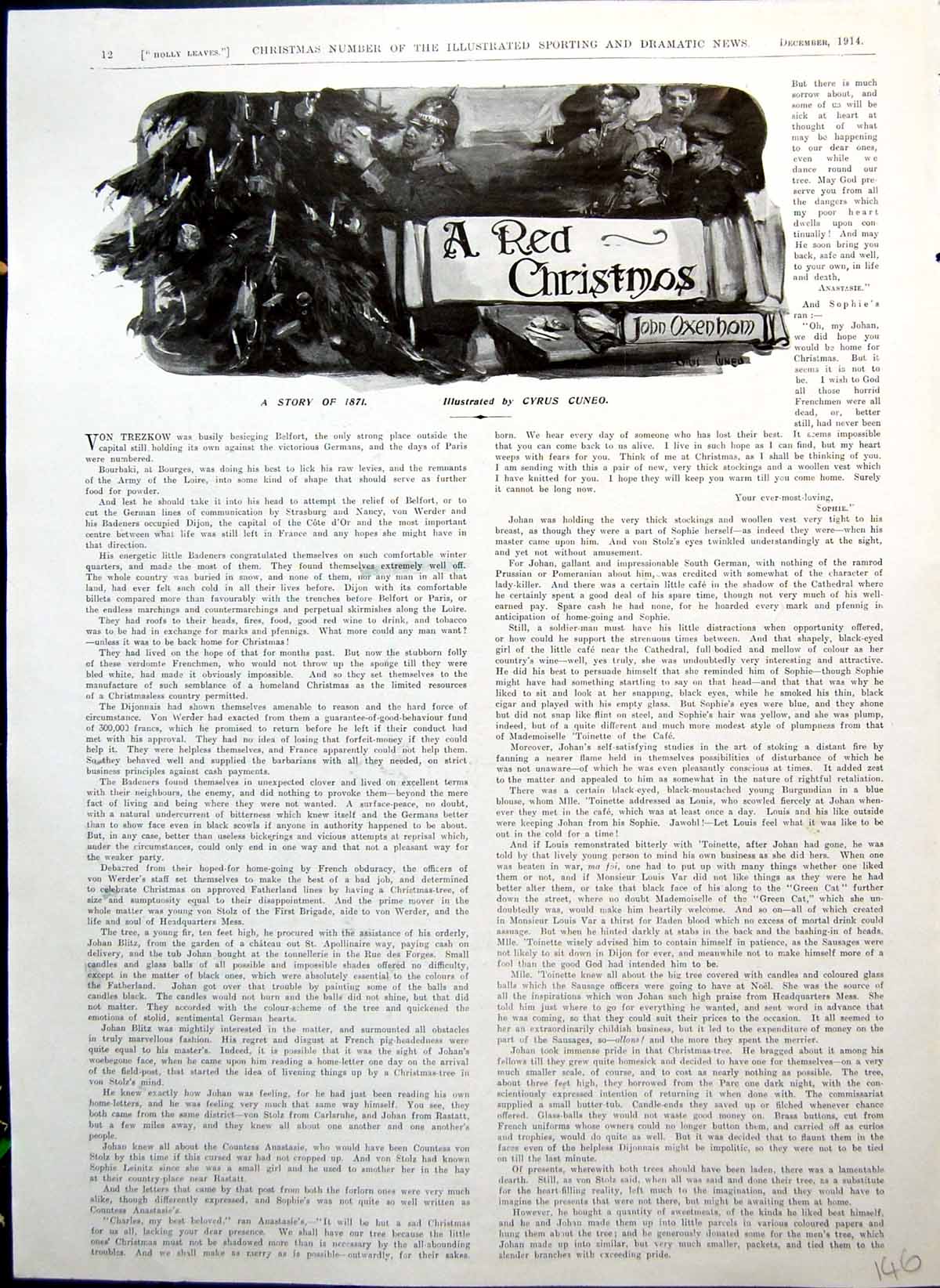 Antique Old Print Red Christmas Battle Men Mistletoe For Widow Uhlans 1914