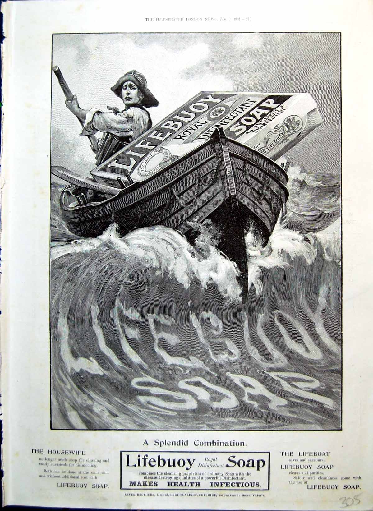 Old Print Lifebuoy Soap Man Boat Adverts Robertson'S Scotch Whisky 1901 20th