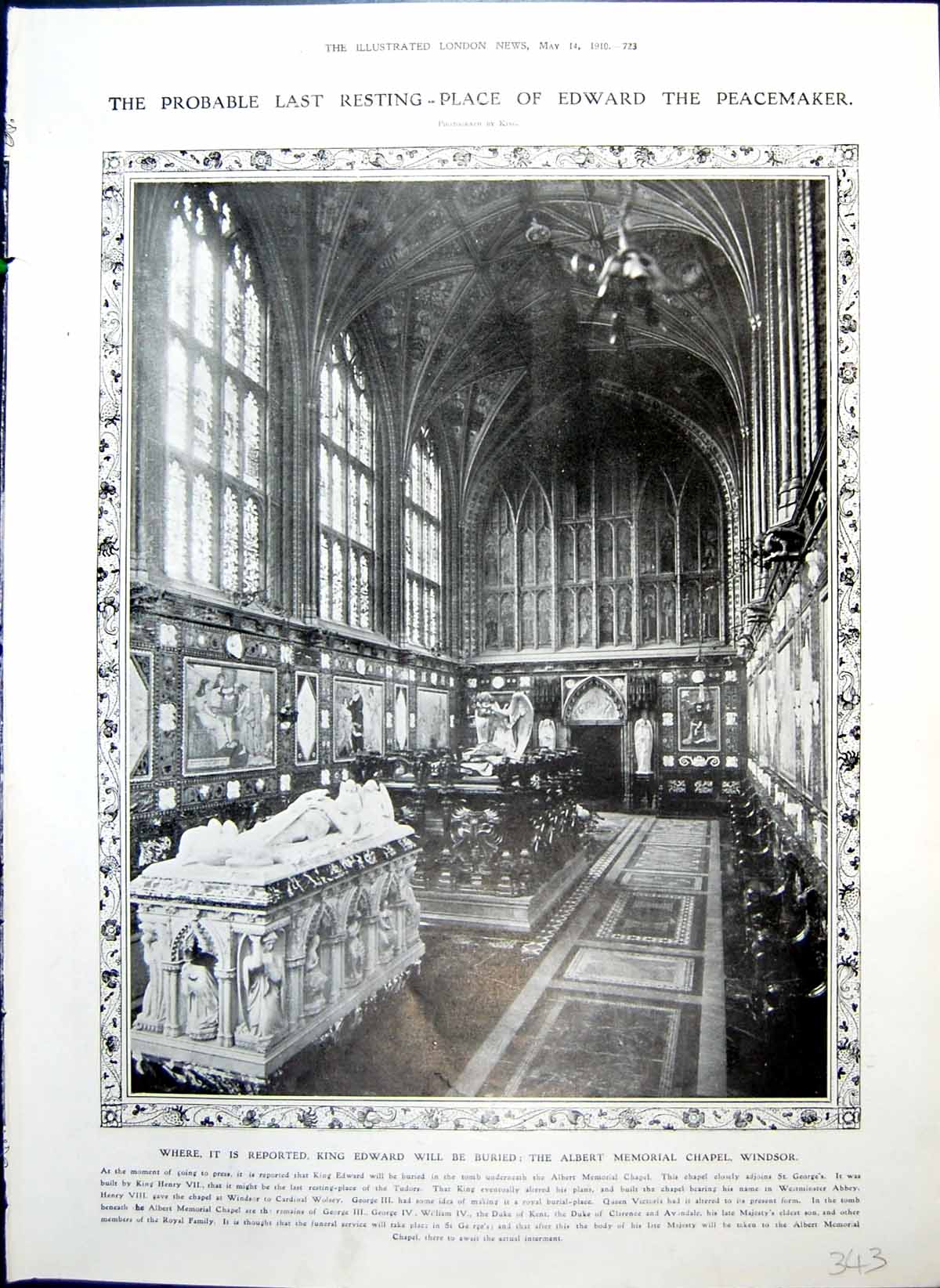 Antique Print Albert Memorial Chapel Windsor Grandchildren Late King 1910 20th