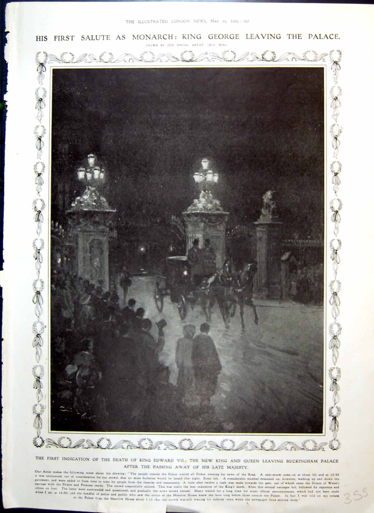 Antique Print New King Queen Leave Buckingham Palace In Mourning Dark 1910