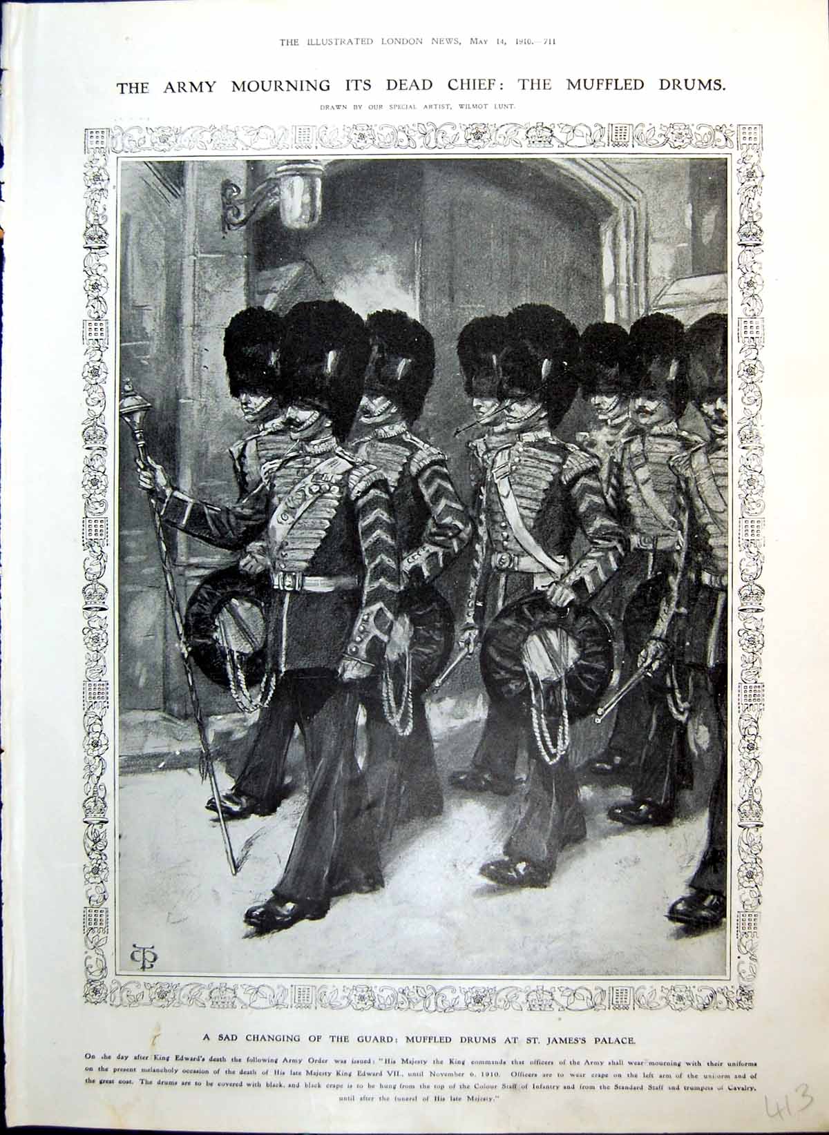 Antique Old Print Damaged Muffled Drums Mourning Army Drinking New Head 1910