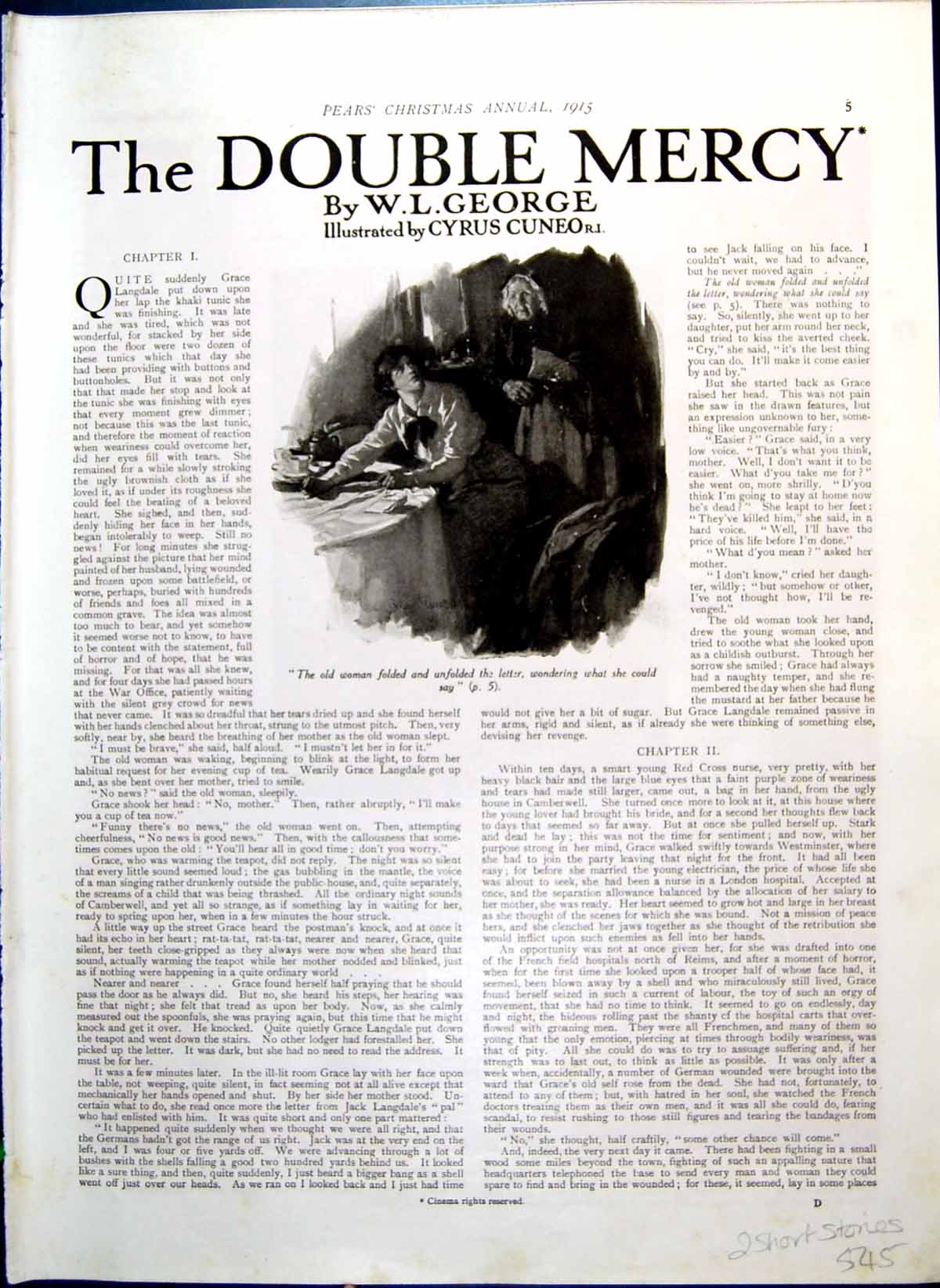 Antique Old Print PearsStory Woman Letter Fallen Foe Lady Hall Stand 1915