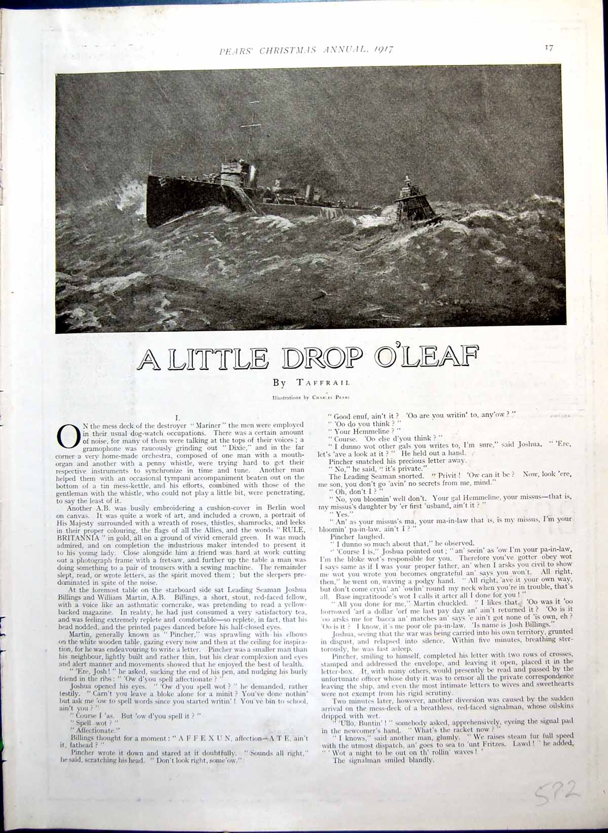 Antique Print Little Drop O'Leaf Pears Story Seamen Ashore Newsagent 1917 20th