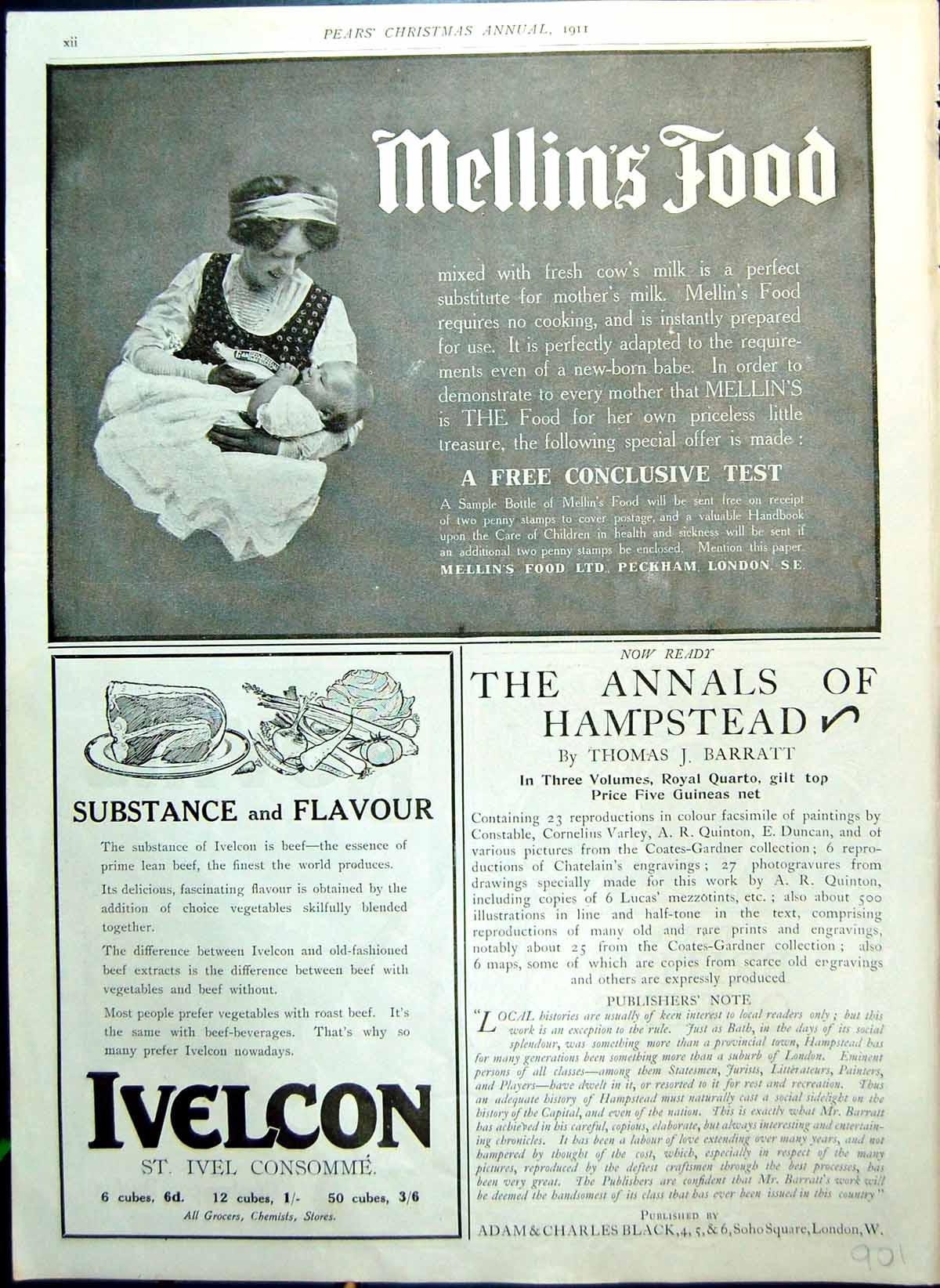 Antique Print Mellin'S Food Adverts Ivelcon Cadbury Bournville Bovril 1911