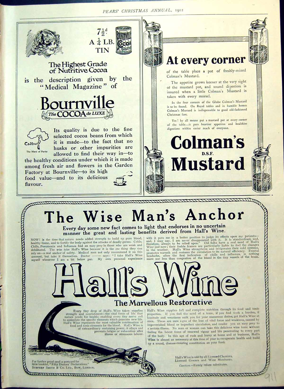 Antique Print Hall'S Wine Bournveville Cocoa Adverts Nugets Polishes 1912 20th