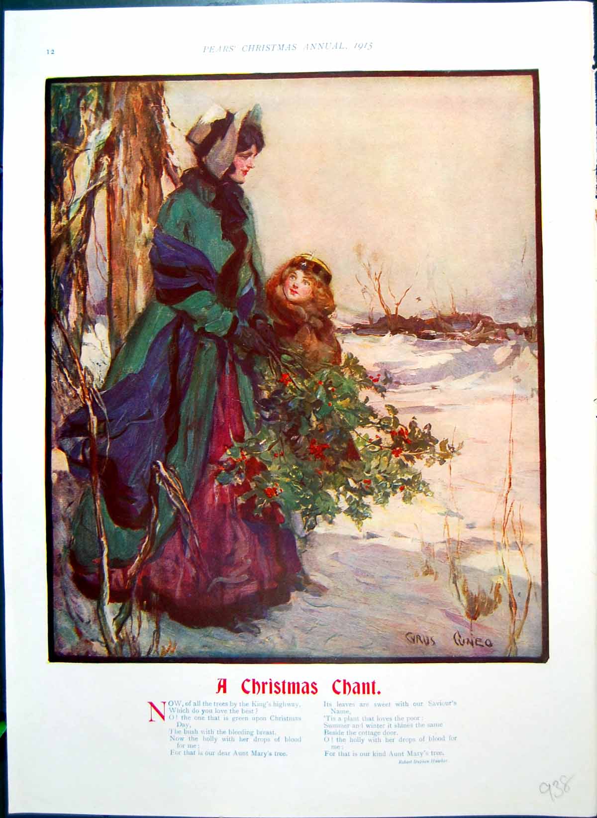 Antique Print Christmas Chant Mother Child Holly Colour Welcome Yule 1915 20th