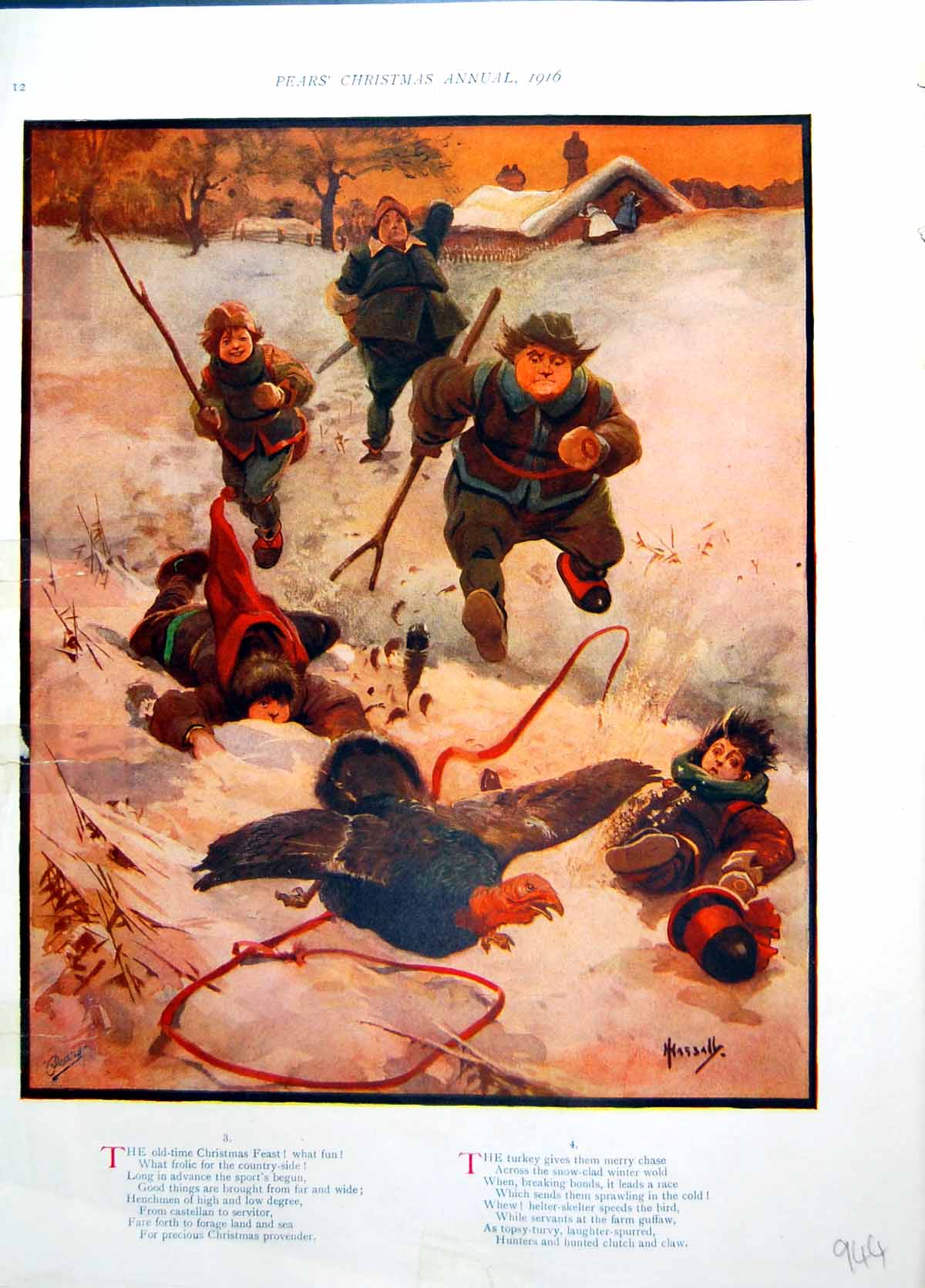 Antique Old Print Escaping Turkey In Snow Chased Colour Time Christmas 1916