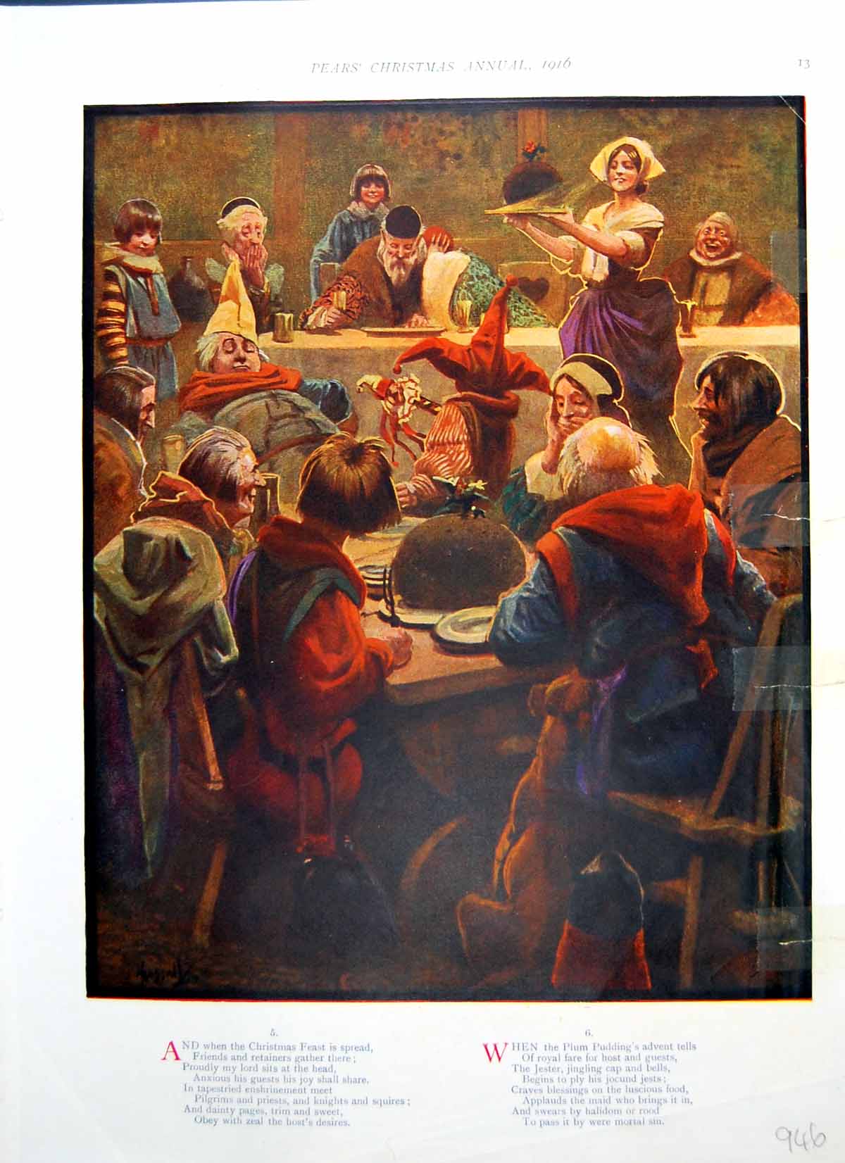 Antique Old Print Arrival Plum Pudding Feast Colour Tobogganning On Ice 1916