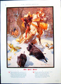 Antique Old Print Boar Hunt Man Horseback Spear Colour Welcome Guest 1917 20th