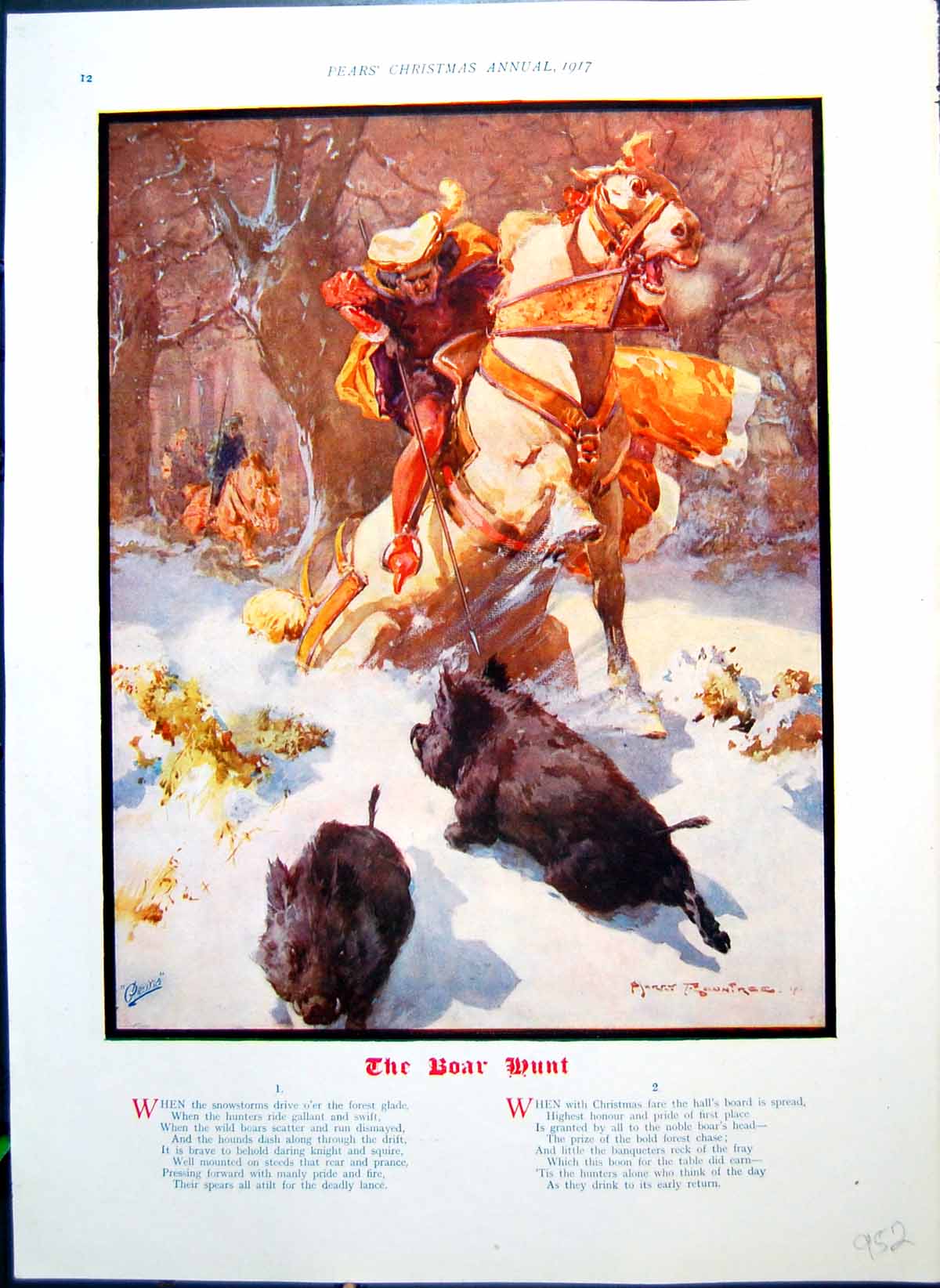 Antique Old Print Boar Hunt Man Horseback Spear Colour Welcome Guest 1917 20th