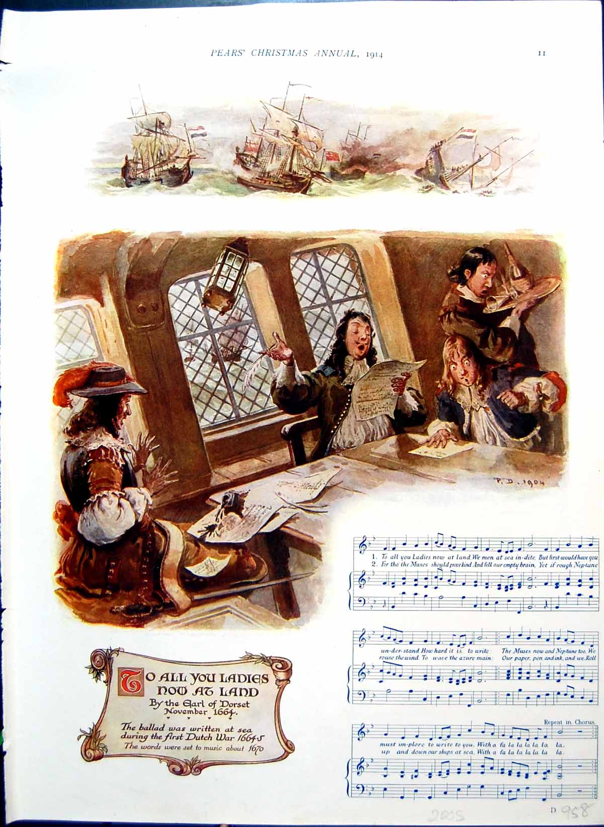 Old Print To All You Ladies Now At Land Ballad Colour Sailors Sing 1914 20th