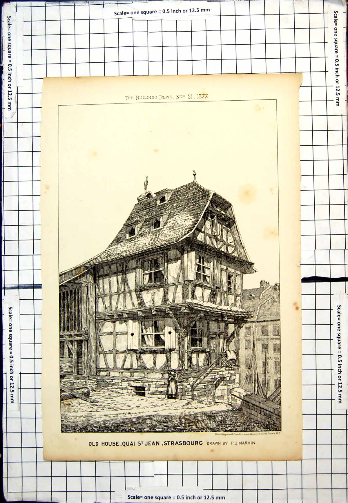 Original Old Antique Print House Quai St Jean Strasbourg Drawn Pj Marvin 1877