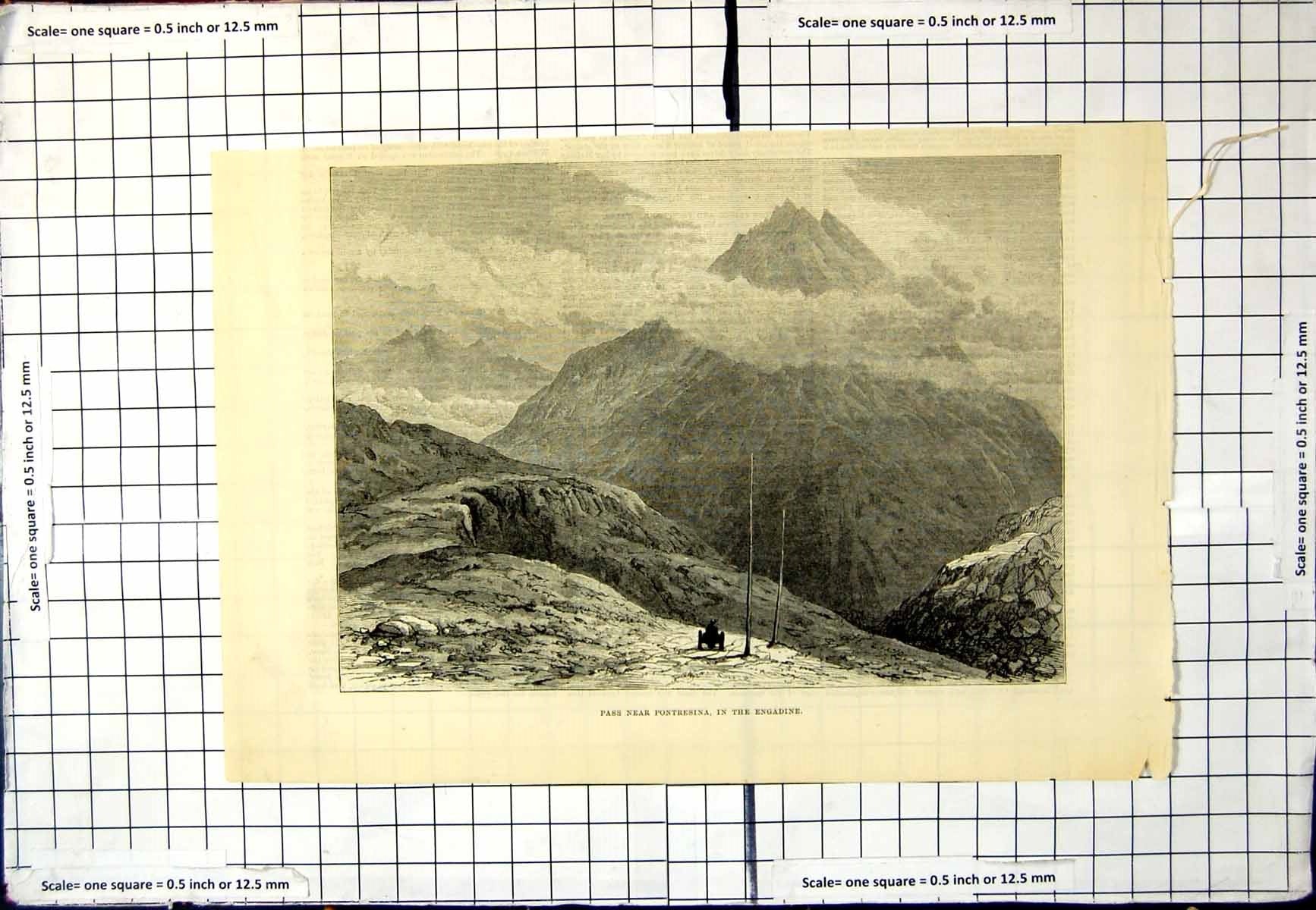 Original Old Antique Print Pass Near Pontresina Engadine Mountains Rocks Horse